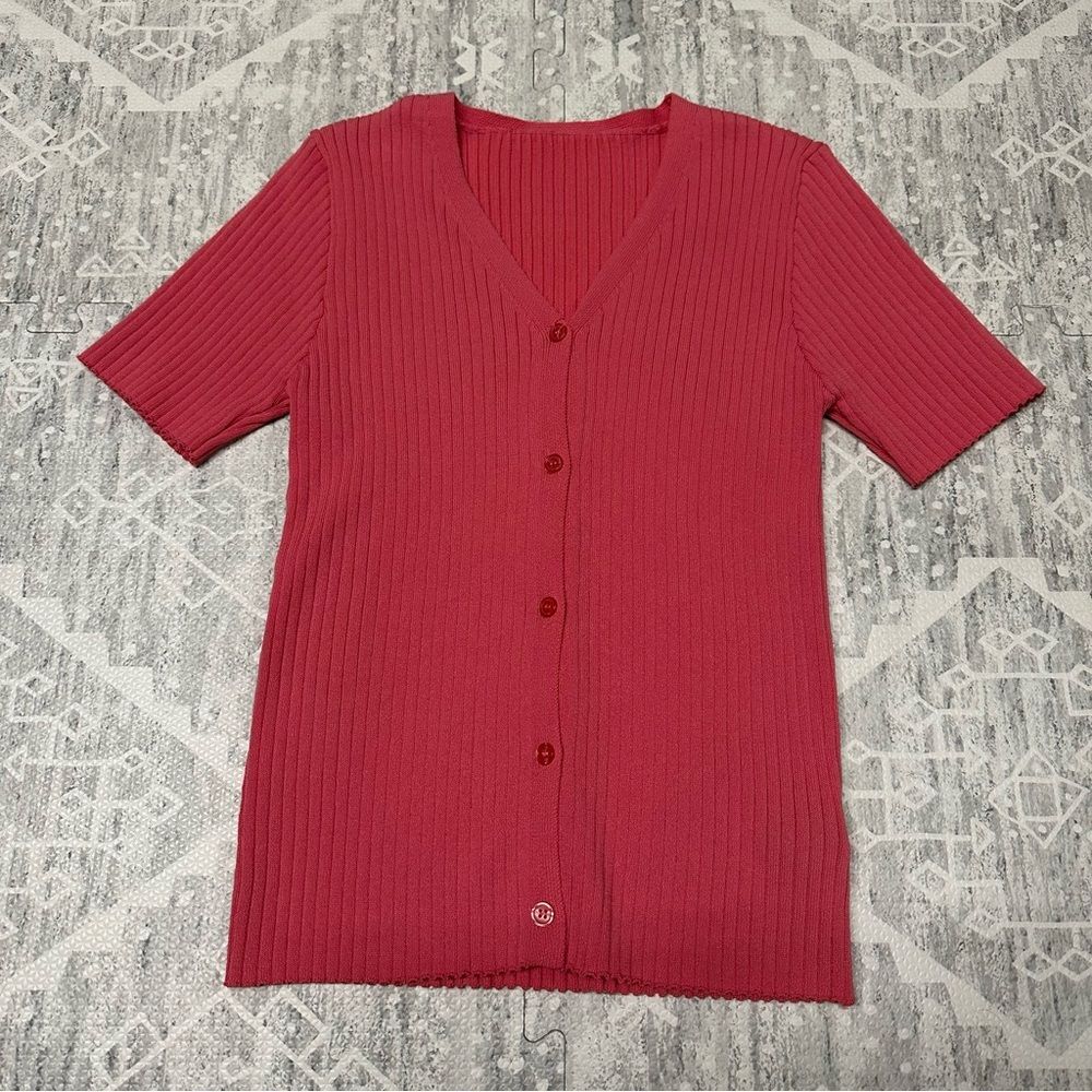 Dazy Short Sleeved Pink Ribbed Button Front Cardigan Top Size Large 90's Y2K